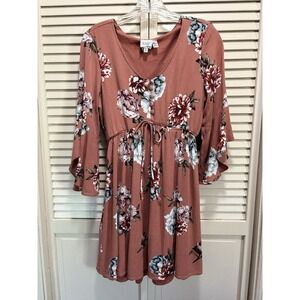 Jody Mauve/Blue Floral Short 3/4 Bell Sleeve Dress Size M Lined Boho Buttons/Tie